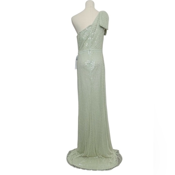 NWT $598 Mac Duggal Pearl Embellished Soft Tie One Shoulder Gown Mint Green Teal - Picture 10 of 14